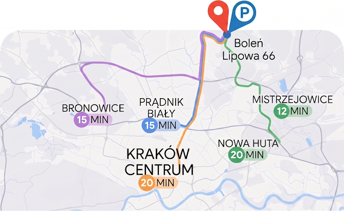 Mapa dojazdu do Afterglow — czasy z dzielnic Krakowa do Bolenia Lipowa 66
