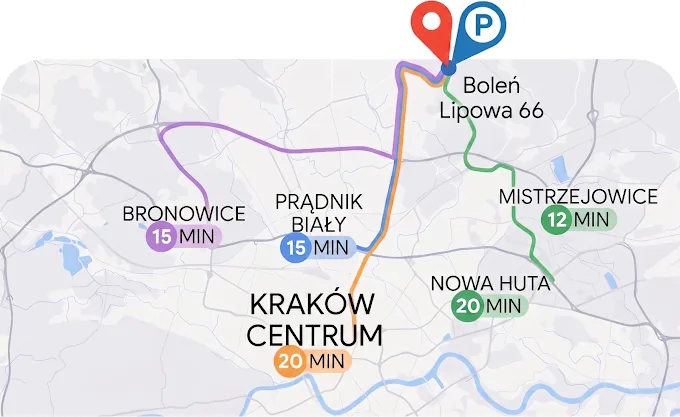 Mapa dojazdu do Afterglow — czasy z dzielnic Krakowa do Bolenia Lipowa 66